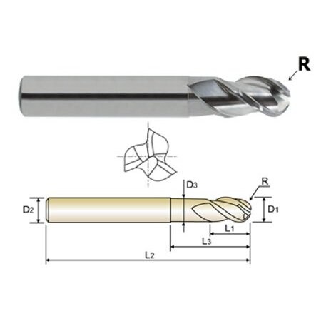 Yg-1 Tool 3 Flute Regular Length 40 Degree Helix Ball Nose Neck Alu-Power 38566
